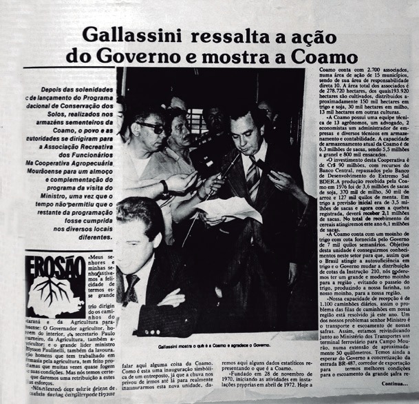 P&aacute;gina do Jornal da Coamo de setembro de 1976 com a manchete Gallassini ressalta a a&ccedil;&atilde;o do Governo e mostra a Coamo