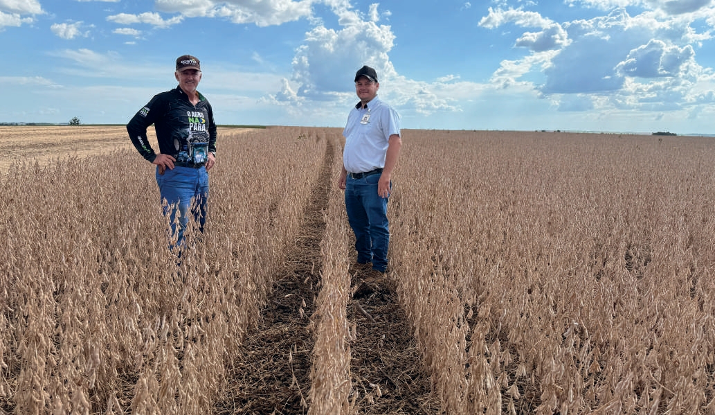 Cooperado Ademir Maltauro com engenheiro agr&ocirc;nomo Giovani Romani em lavoura de soja