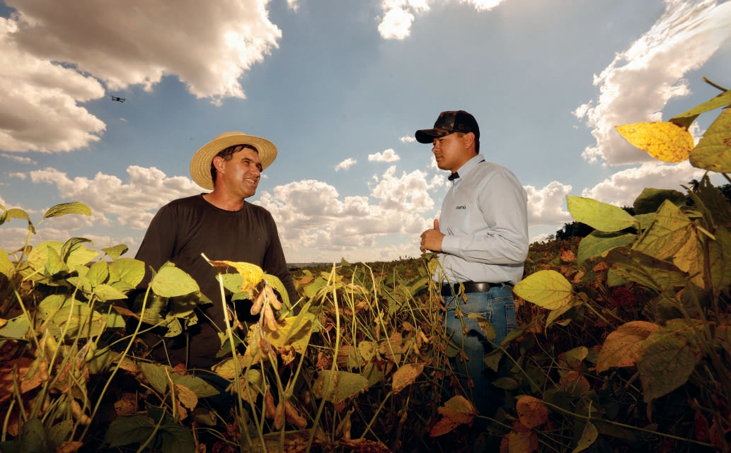 Agricultor e engenheiro agr&ocirc;nomo em meio &agrave; lavoura de soja
