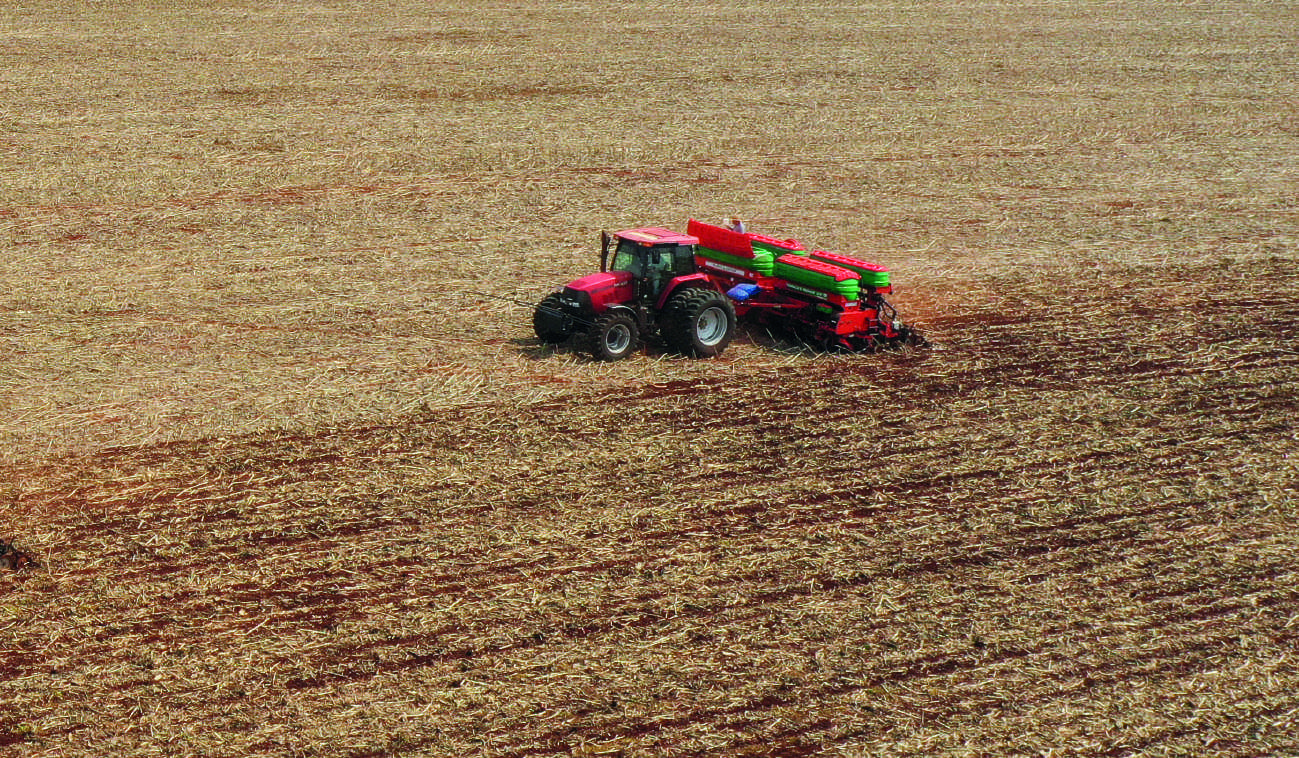 Plantio em andamento com trator vermelho e plantadeira.