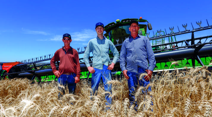 Vicente, Felipe e Carlos Lucachevicz em frente a uma colheitadeira